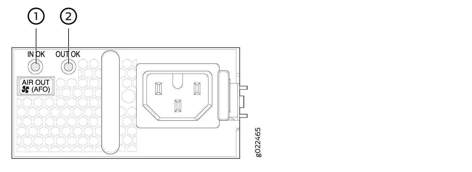Technical diagram of electronic device back panel with input and output status LEDs, air exhaust vent, power connector, and reference code g022465.