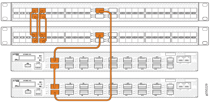 Network cabling diagram showing orange cables connecting network switches and patch panels for data center configuration.
