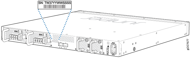 Juniper Networks rack-mounted device highlighting serial number SN TW37YYWWSSSSS with barcode on rear panel.