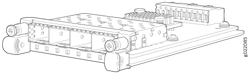 Technical drawing of a network interface card showing ports for network cables and components for mounting in a server.