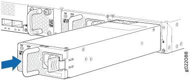Modular power supply unit being installed or removed from server equipment, with blue arrow indicating PSU location.