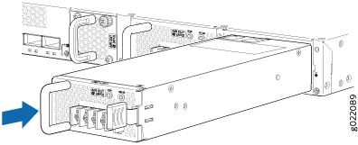 Modular power supply unit with handles being inserted or removed from server, highlighted by blue arrow.