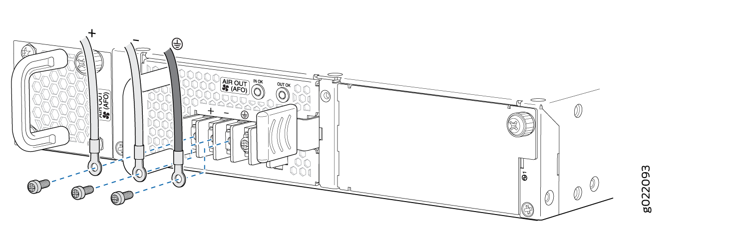 Power supply unit rear panel with labeled DC power cables, airflow vent, status indicators, handle, and mounting bracket.