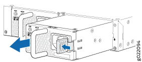 Power supply unit with handles being inserted or removed from server chassis; blue arrows indicate direction.