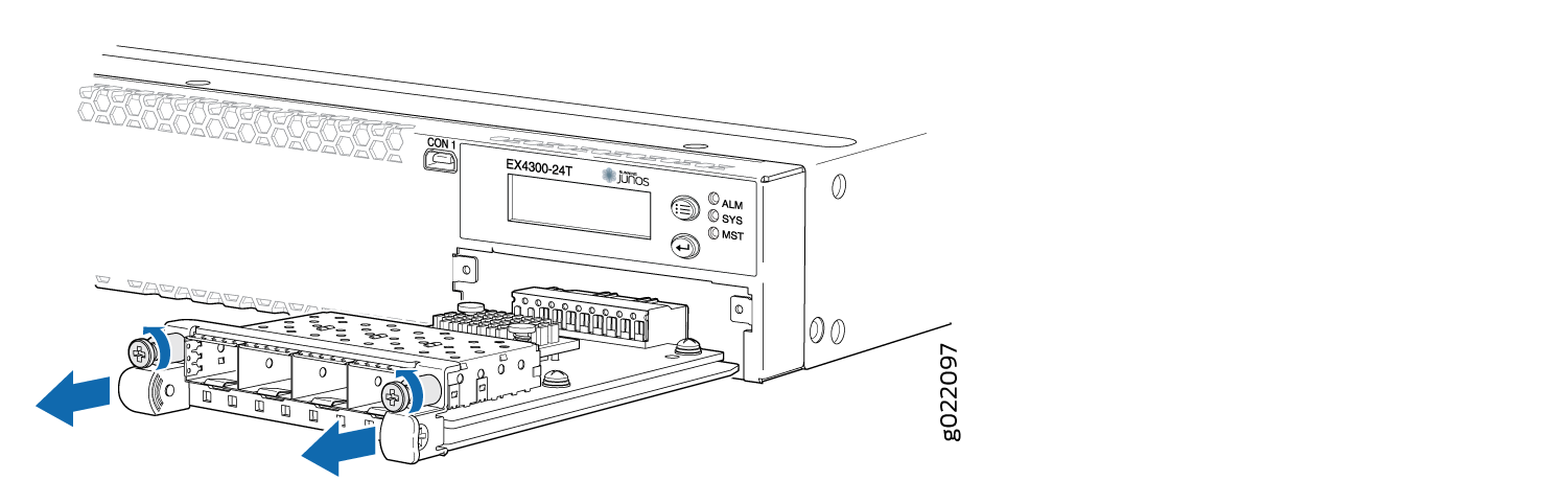 Removing or installing a module in a Juniper Networks EX4300-24T switch with blue arrows showing direction.