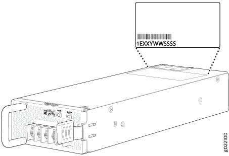 Technical illustration of a server power supply unit with handle, power connectors, and ID label with barcode and serial number 1EXXYWWSSSS.