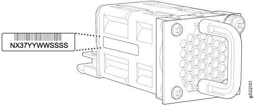 Server component with hexagonal ventilation pattern and serial number NX37YYYWWSSSS for cooling and tracking.