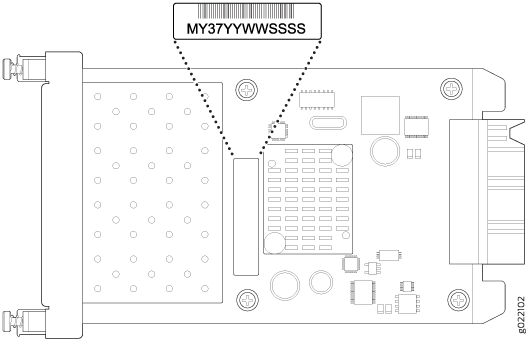 Technical illustration of a circuit board highlighting a serial number MY37YYYWSSSSS for identification purposes.