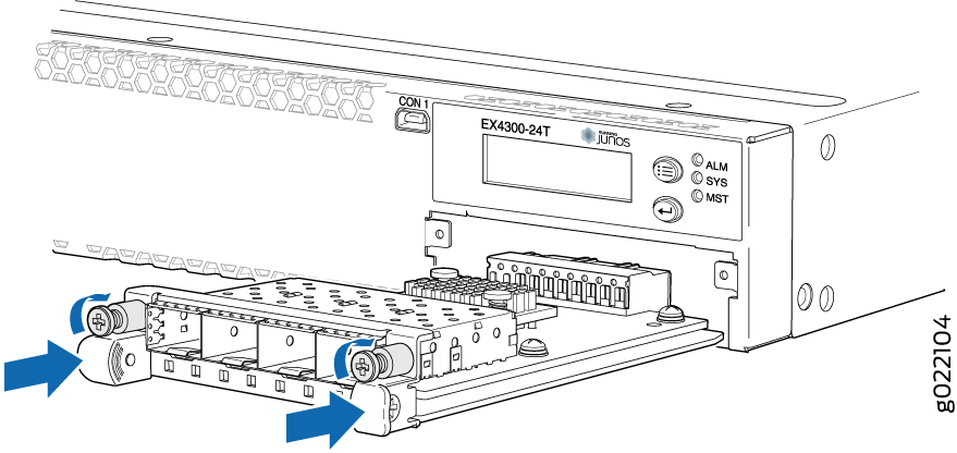 Removing or installing a module in a Juniper Networks EX4300-24T switch chassis with directional arrows and securing screws visible.