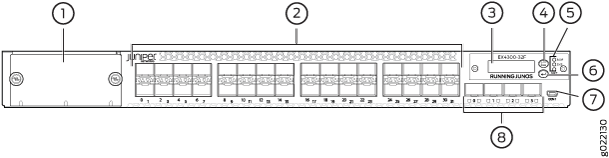 Labeled diagram of Juniper Networks EX4300 Series Ethernet Switch showing components like mounting bracket, network ports, model label, status LEDs, console port, USB port, management Ethernet port, and serial number label.