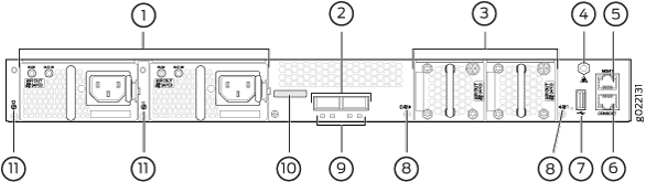 Diagram of a server rear view with labeled components: power supply, ventilation, expansion slots, serial, VGA, USB, network, management port, ID button, and power connectors.