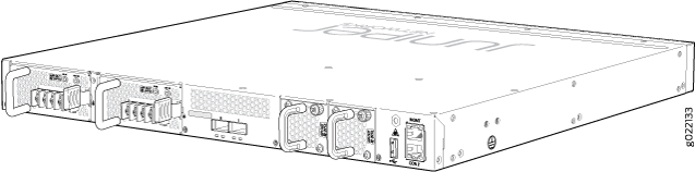 Juniper Networks router with multiple ports and power supply units on back panel.