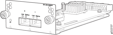 EX-UM-2XFP network module line drawing with two XFP ports for fiber optic connections and link status indicators.