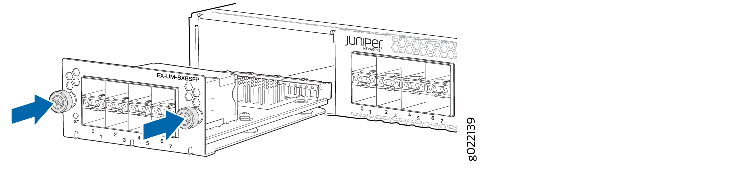EX-UM-8XSFP module being installed or removed from Juniper EX Series switch chassis with blue arrows indicating screws or latches.