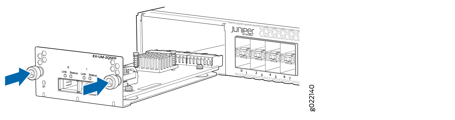 Juniper EX-UM-2QSFP module being installed into EX Series switch, with blue arrows indicating screws to secure.