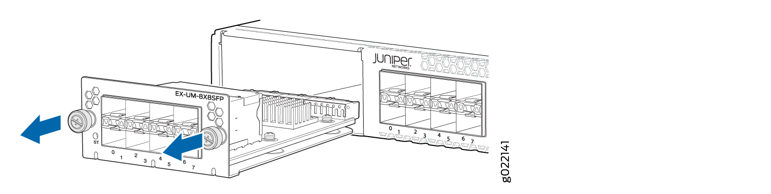 Juniper Networks EX-UM-8XSFP 8-port SFP module being inserted into EX Series switch chassis with directional arrows.