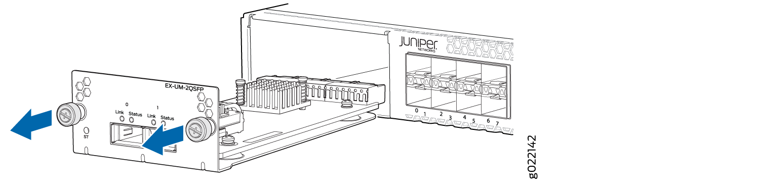 Juniper Networks EX Series switch with EX-UM-2QSFP module showing blue arrows for screw adjustment.