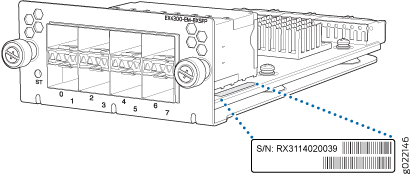 Hardware module with ports labeled 0 to 7, serial number RX3114020039, and a barcode for identification.