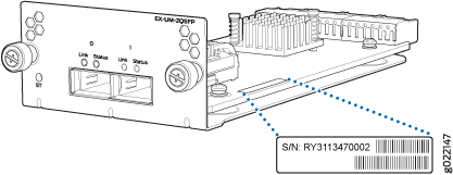 Line drawing of EX-UM-2X8P network module with connectivity ports, status LEDs, and highlighted serial number RY3113470002.