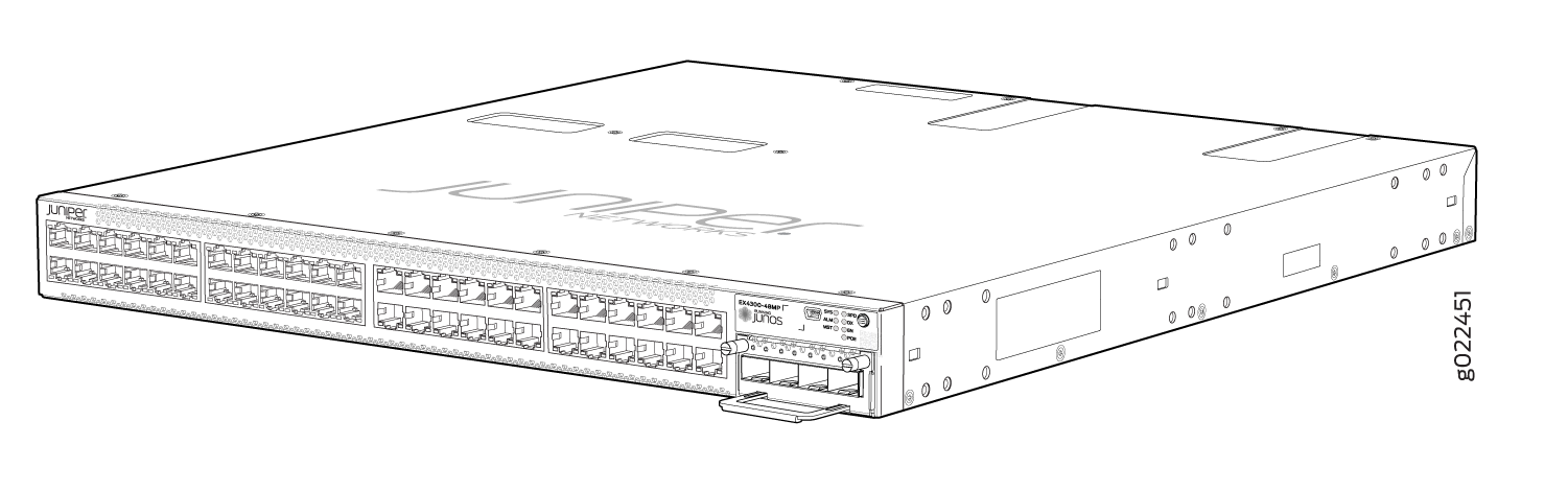 Juniper Networks EX4300-48P Ethernet switch with 48 ports and uplink ports for enterprise networking.