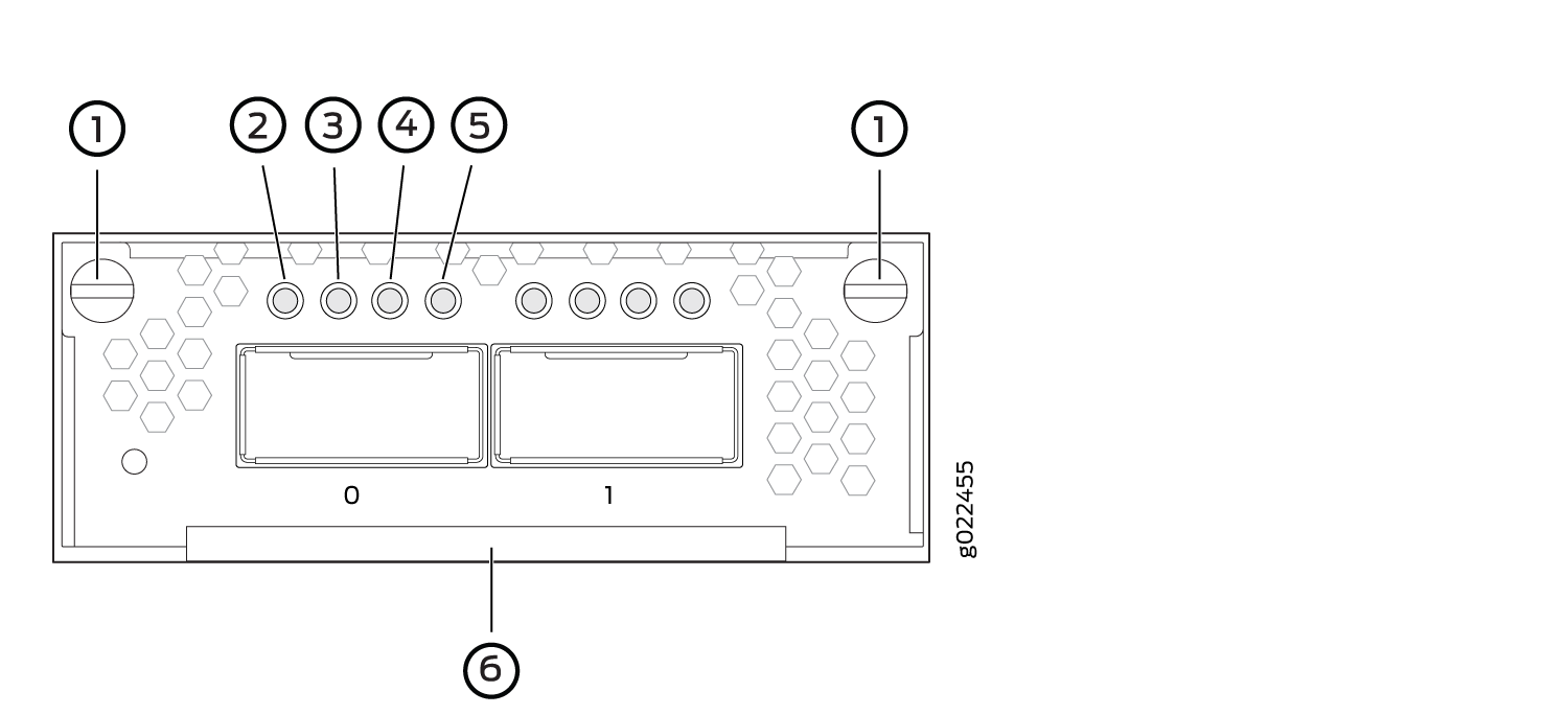 Network interface card diagram showing mounting screw holes, LED indicators for status, network ports, and a model label.