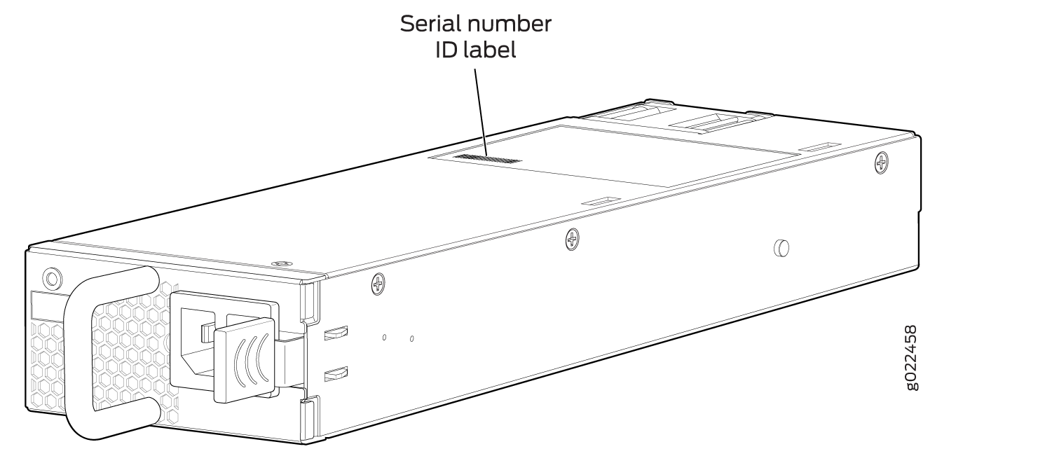 Technical drawing of a PSU with labeled serial number ID location, handle for removal, connector, and honeycomb ventilation.