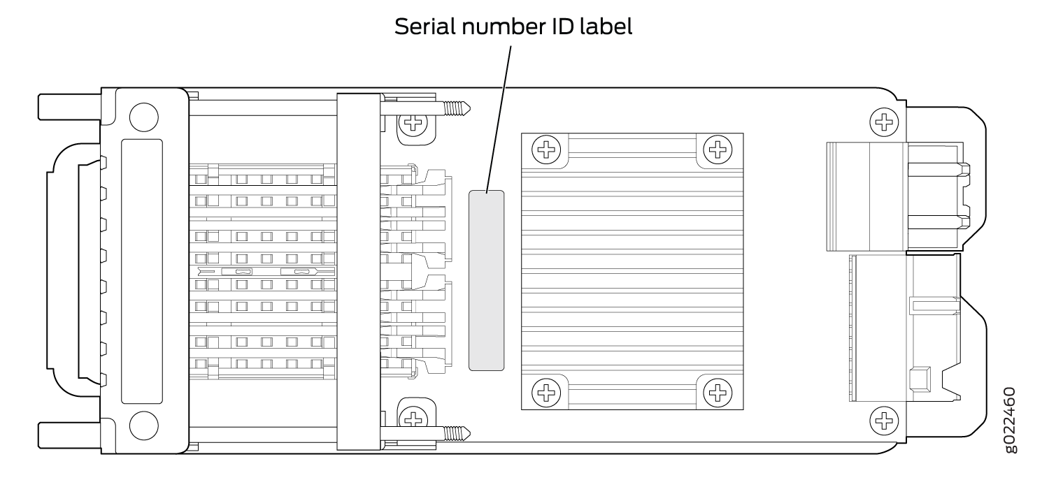 Technical drawing of an electronic module with connectors, screws, heat sink, and a highlighted serial number ID label for device identification.