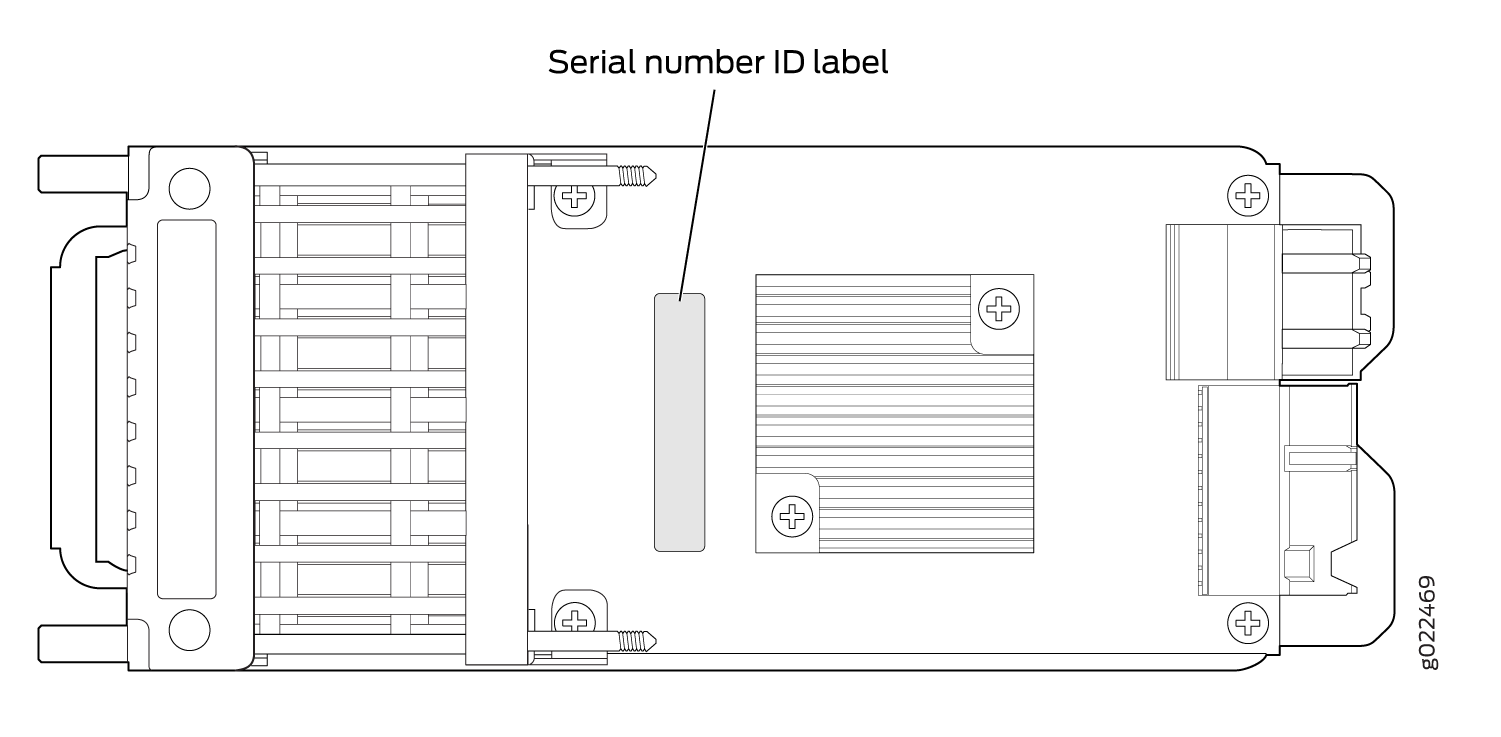 Technical drawing of an electronic device with a highlighted serial number ID label for identification; shows screws, connectors, and heat sink features.
