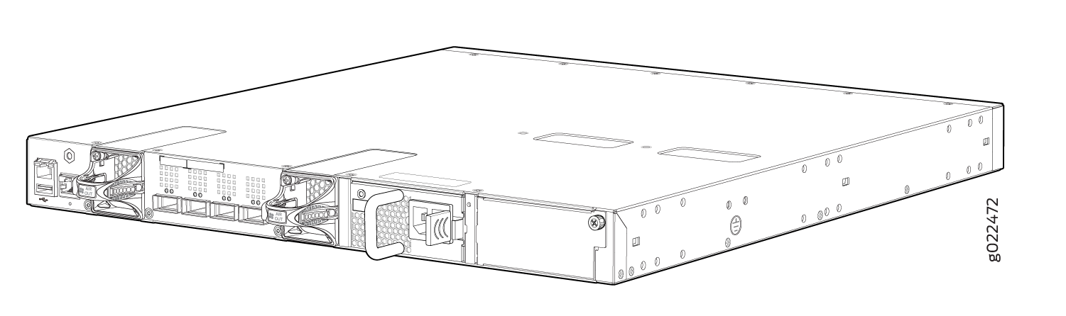 Rear view of a 1U rack-mounted server with redundant power supplies, network ports, cooling fans, and expansion slots.