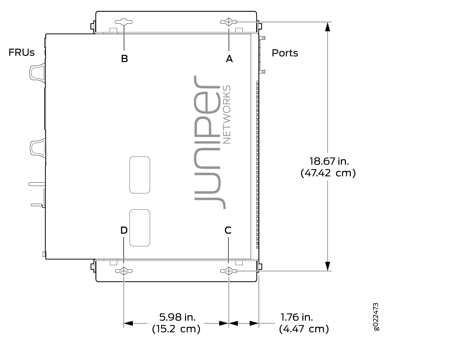 Technical diagram of a Juniper Networks device with labeled sections FRUs and Ports. Dimensions are 18.67 inches height, 5.98 inches width, 1.76 inches depth.