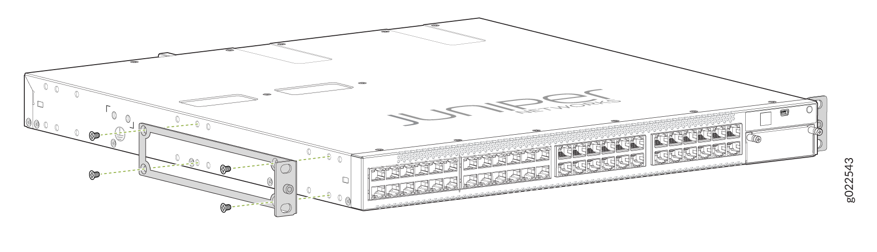 Attaching the Mounting Bracket to the Side Panel of EX4300-48MP and EX4300-48MP-S Switches