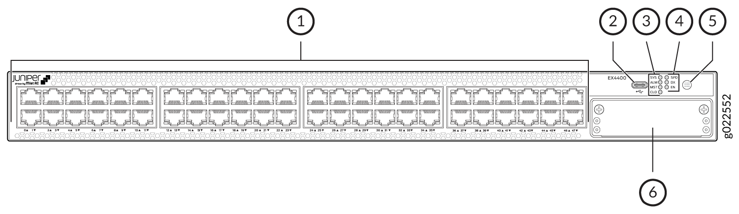 Diagram of a Juniper Networks EX4400 Ethernet Switch showing front panel ports, USB port, system LEDs, console port, reset button, and serial number label for enterprise networking connectivity.