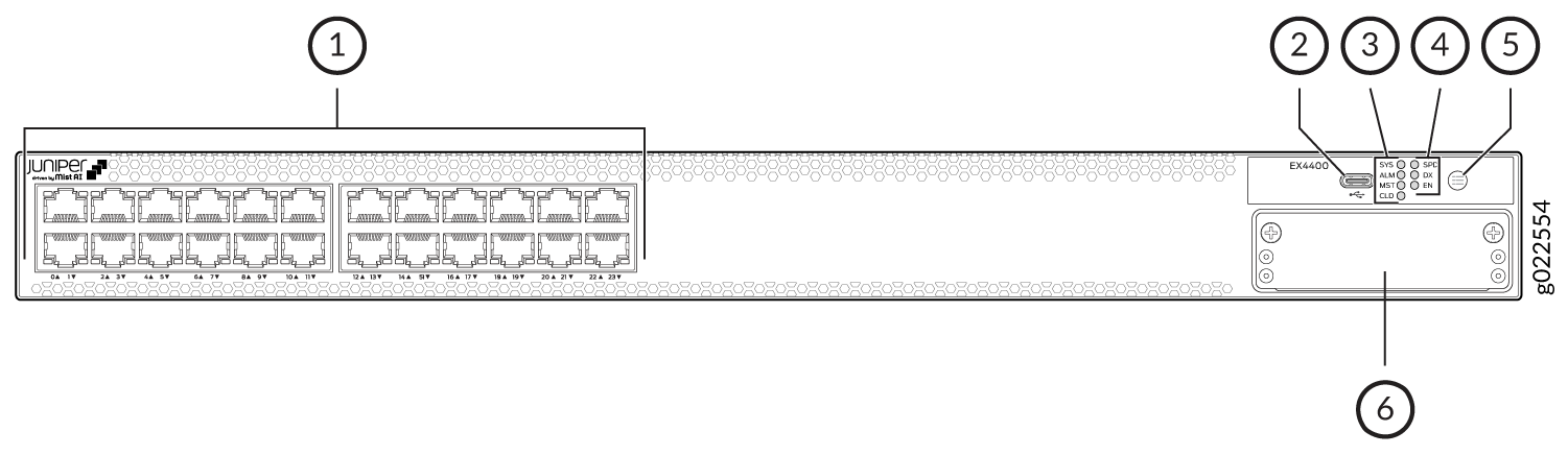 Diagram of Juniper Networks EX4400 front panel with labeled components: network ports, USB console port, system status LEDs, mode button, ejector handle, and serial number label.