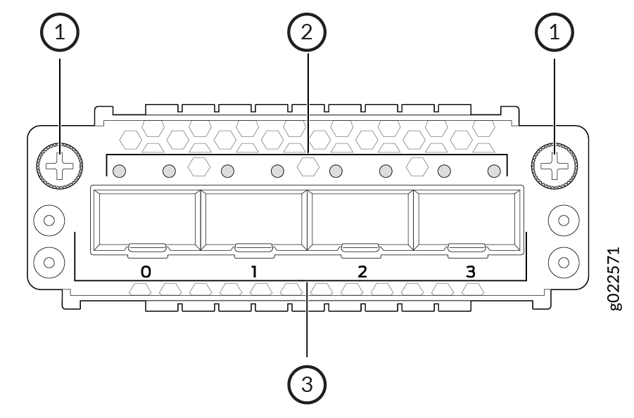 Technical diagram of a connector with screw holes, hexagonal pattern, and numbered slots 0 to 3, labeled g022571.