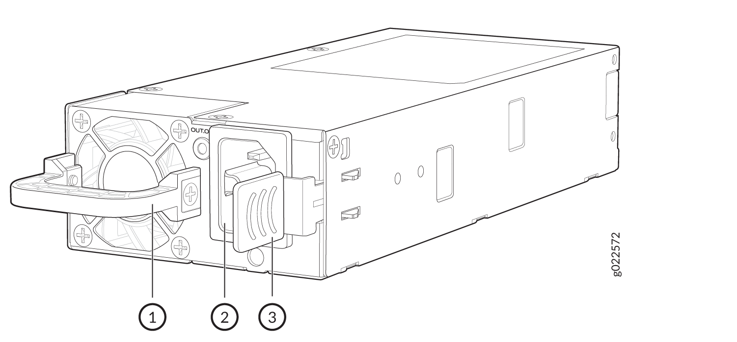 Line drawing of a power supply unit for servers showing a handle, release latch, and LED status indicator.