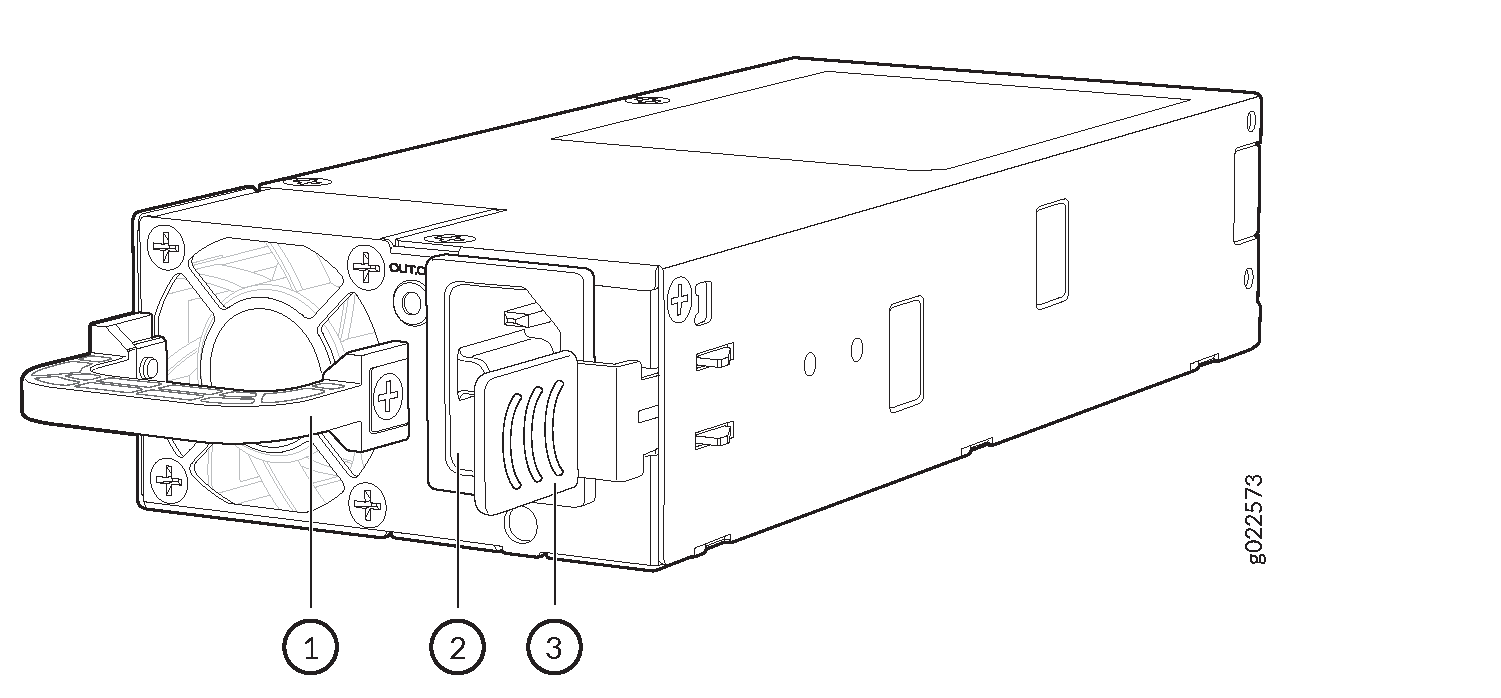 Technical drawing of a power supply unit with labeled fan, handle, and power connector.