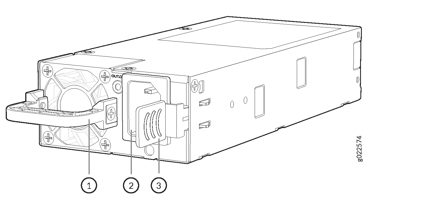 Technical drawing of a modular power supply unit with labeled fan, handle, and connector for server equipment.