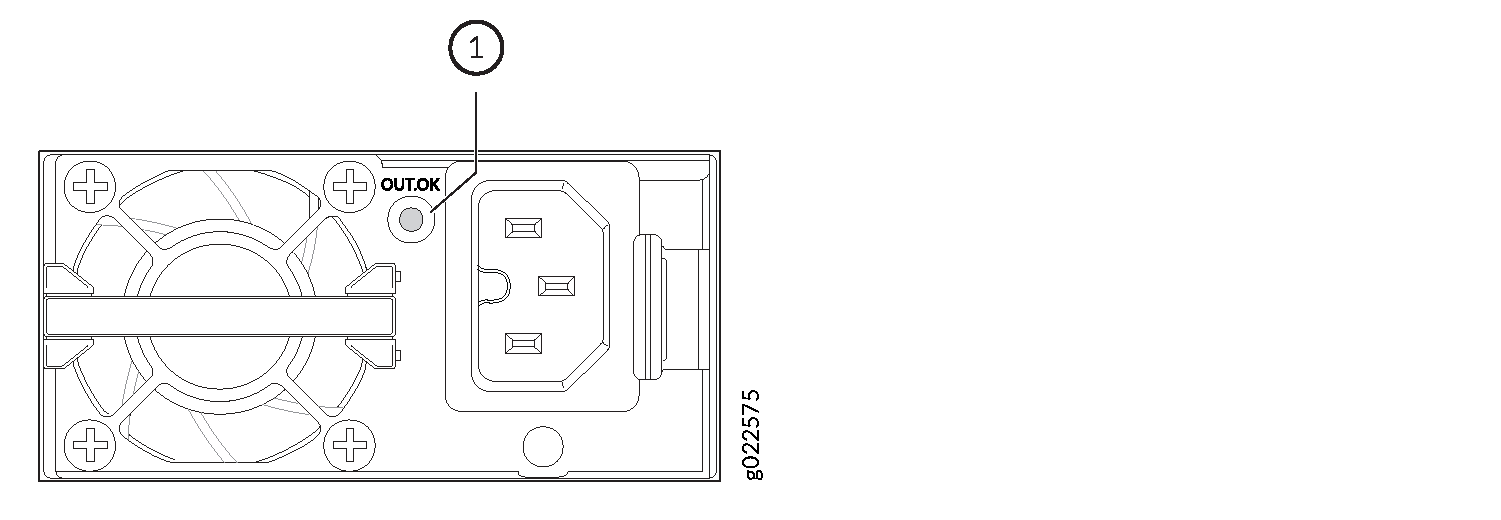 Technical drawing of a power supply unit's rear panel with cooling fan, IEC C14 power connector, OUT OK indicator light, and part reference number 1.