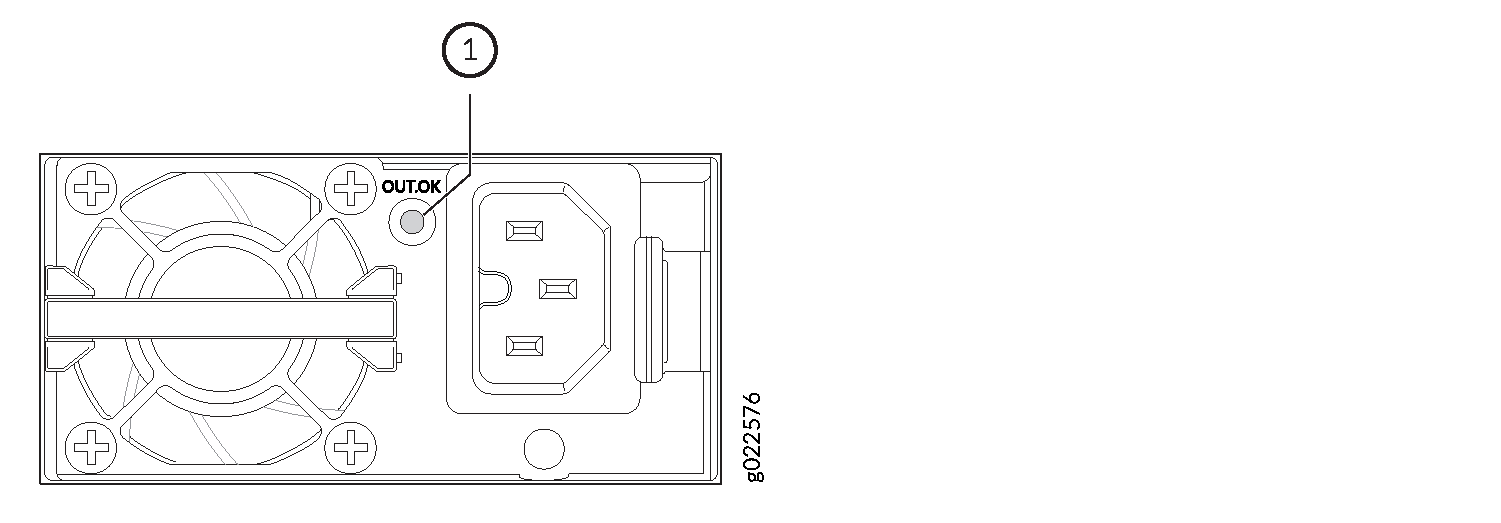 Technical drawing of a component with a cooling fan on the left, power connector on the right, and OUT.OK indicator light near the top.