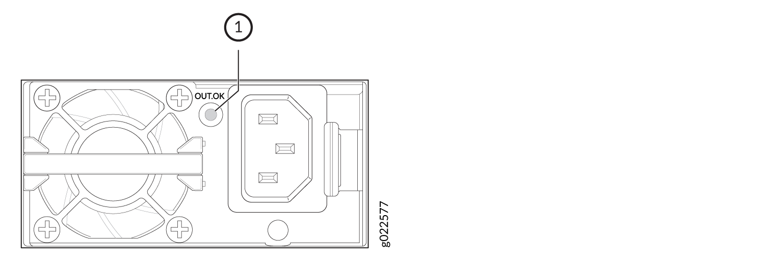 Rear panel schematic with a cooling fan, power connector, OUT.OK indicator light, four mounting points, and label g022577.