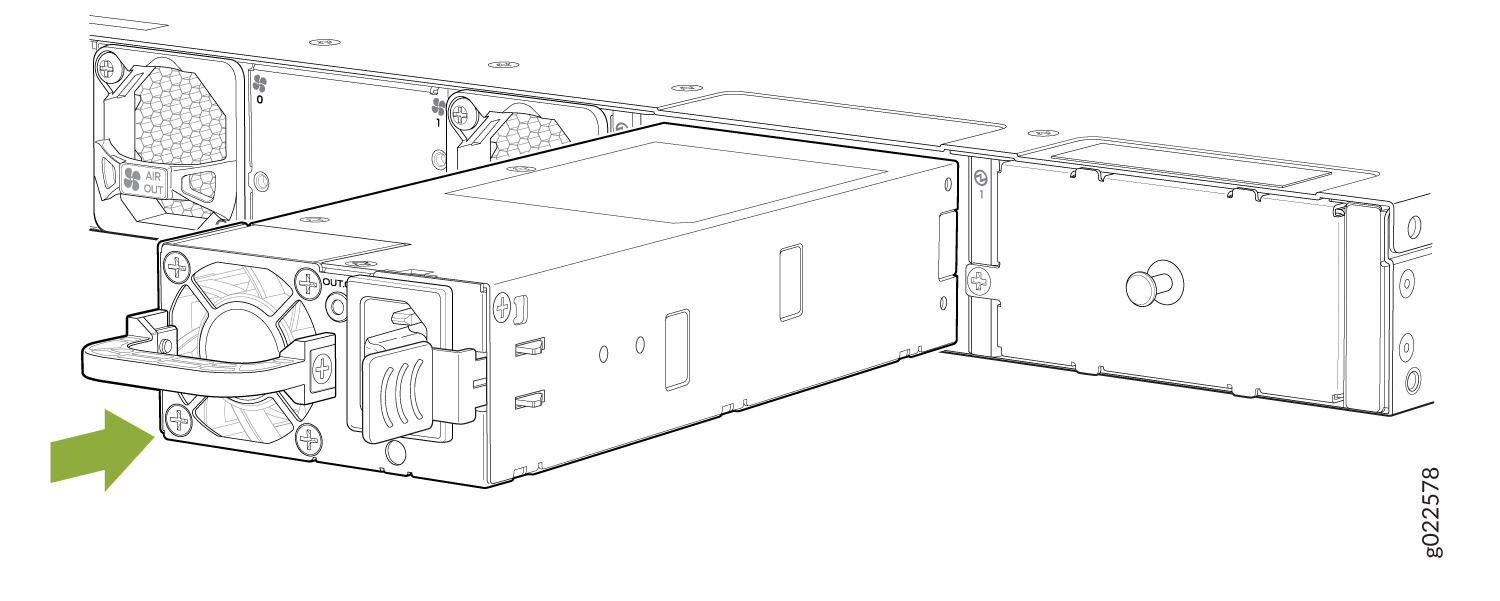 Power supply unit with handle being removed from rack-mounted server chassis; green arrow indicates direction; cooling fans visible.