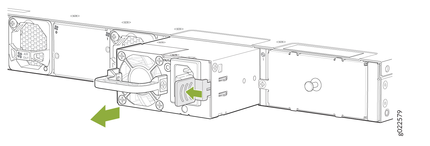 Technical illustration of a server chassis showing PSU installation or removal with green arrows indicating movement direction. Airflow labeled as AIR OUT.