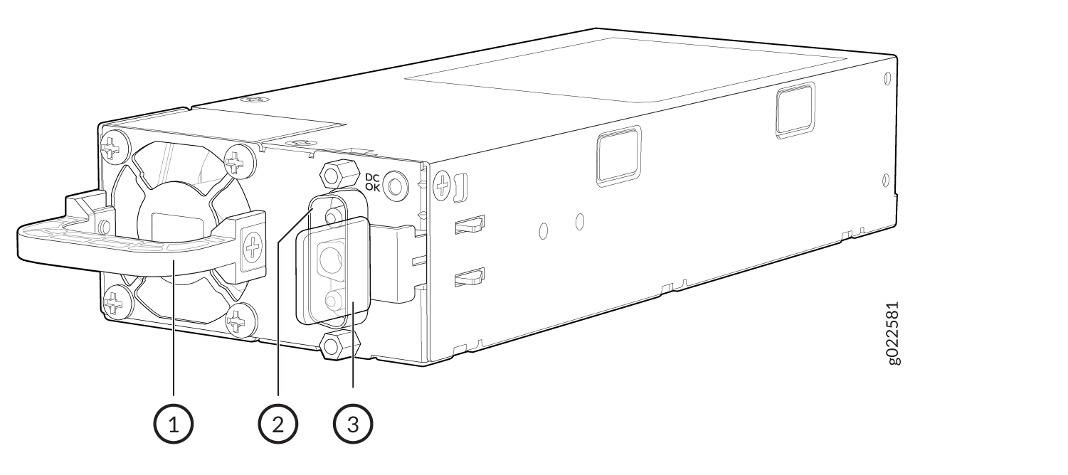 Technical drawing of a server power supply unit showing labeled fan, handle, and connector for modular use.