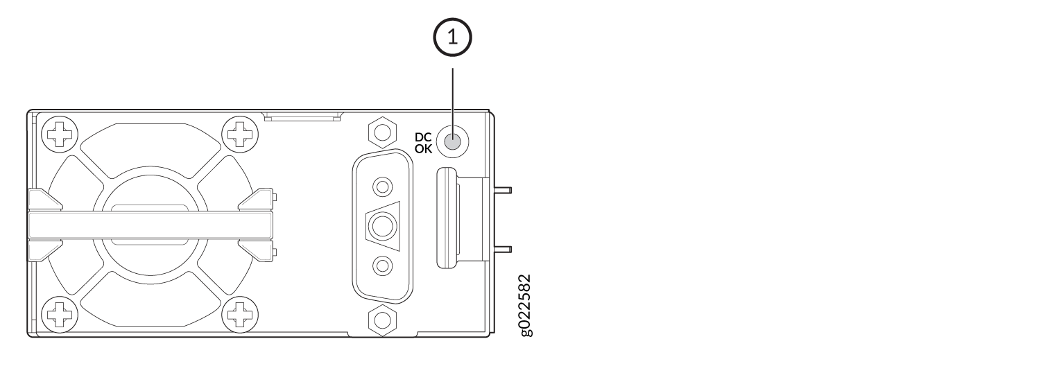 Technical drawing of an electronic component with a cooling fan, DC OK indicator, three-pin connector, and mounting points.