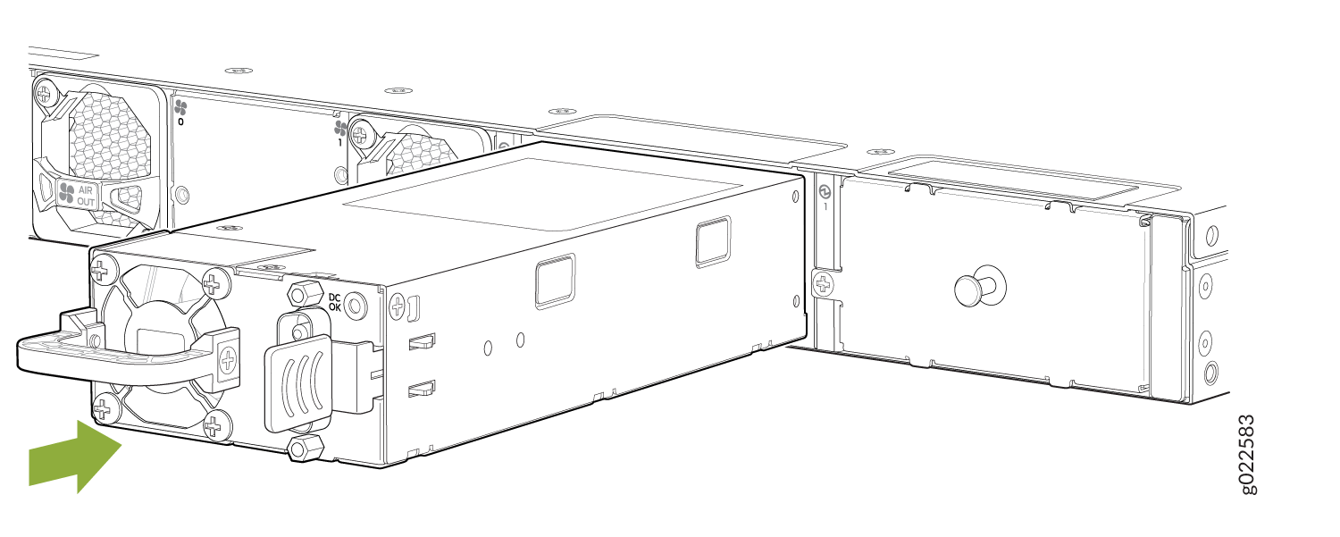 Power supply unit being inserted or removed from server chassis with green arrow indicating direction.