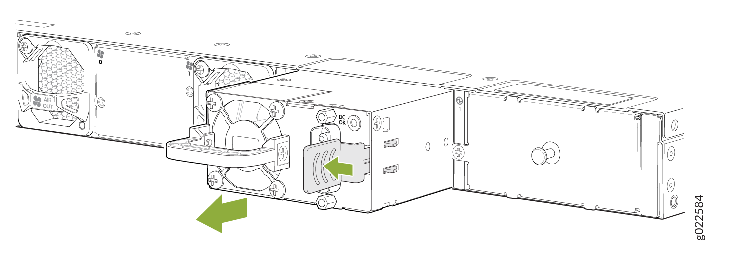Power supply unit being removed from rack-mounted server chassis with green arrows indicating movement direction.