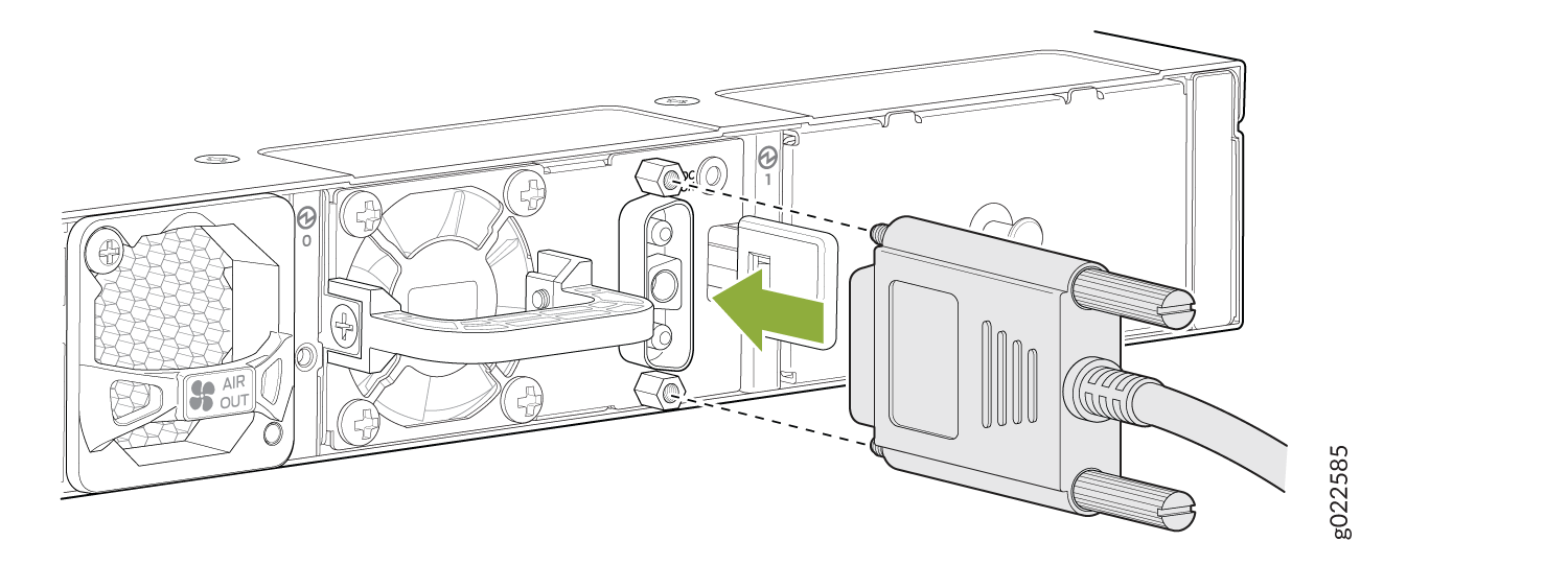 Rear panel illustration showing cooling fan, AIR OUT vent, and power connector. Green arrow indicates power cable connection.
