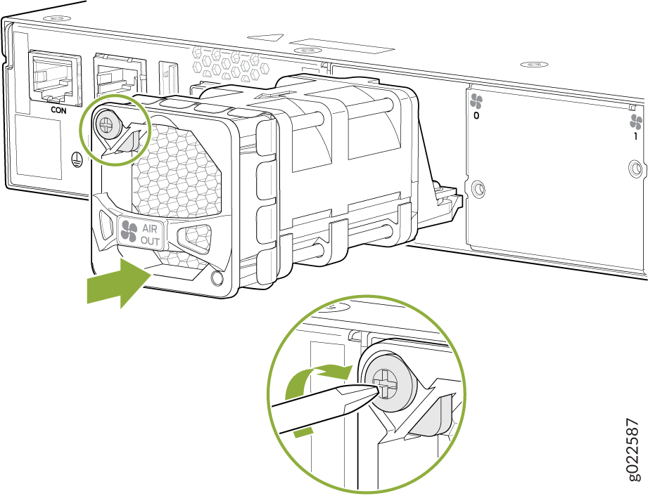 Server fan module installation showing AIR OUT airflow direction and close-up of locking mechanism with tool direction arrow.