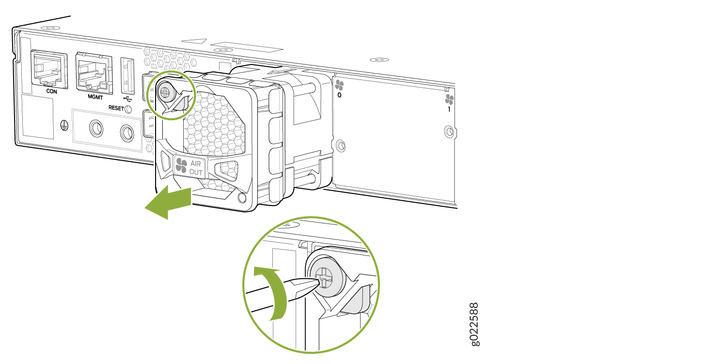 Fan module removal or installation guide with green arrows showing movement for AIR OUT module and locking mechanism using a screwdriver.