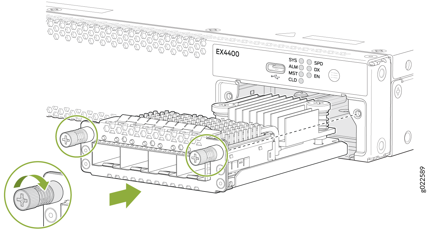 Removing or installing a module in a Juniper Networks EX4400 switch with emphasis on screws and steps using green arrows and circles.